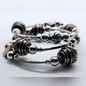 Silver Tone Spiral Wire Bracelet Copper Bead Boho Artisan Style